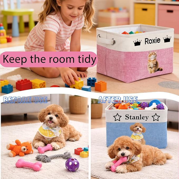 Personalized Dog Cat Toy Basket with Name Photo, Custom New Puppy Toy Storage Bins with Handles, Customized Baskets Organizer for Blankets Pet Supplies Clothes Food
