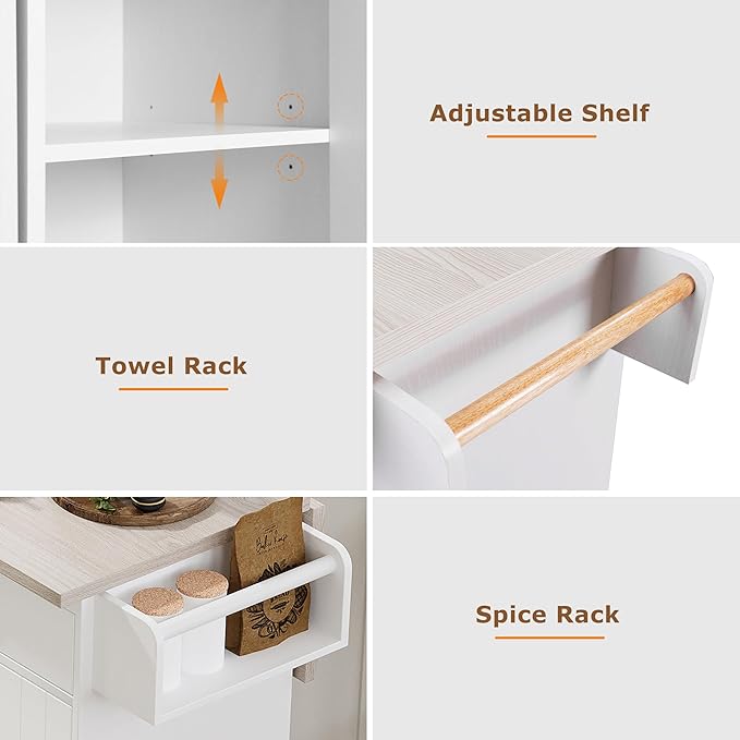 51" Farmhouse Kitchen Island with Trash Can & Storage - Modern White Rolling Kitchen Island with Drop Leaf, Spice Rack, Towel Rack, 20.55"D x 51.06"W x 35.04"H