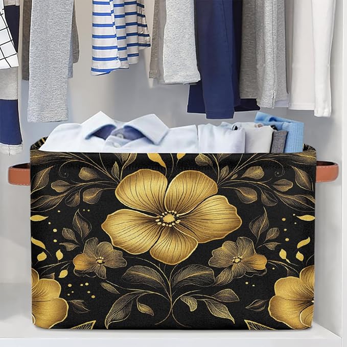 Rectangular Storage Basket Foldable Fabric Storage Bin Toy Baskets Organizer for Shelves Closet Bedroom Home Office, (Black Gold Flower)