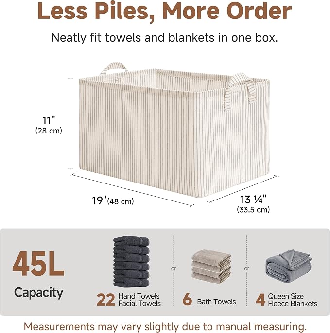 StorageWorks Closet Storage Bins, Khaki and Beige Stripes, 45L, 2-Pack | Extra Large, with Reinforced Handles, Metal Frame, Collapsible, Basket for Shelves, Closet, Holds Clothes, Towels, Blankets