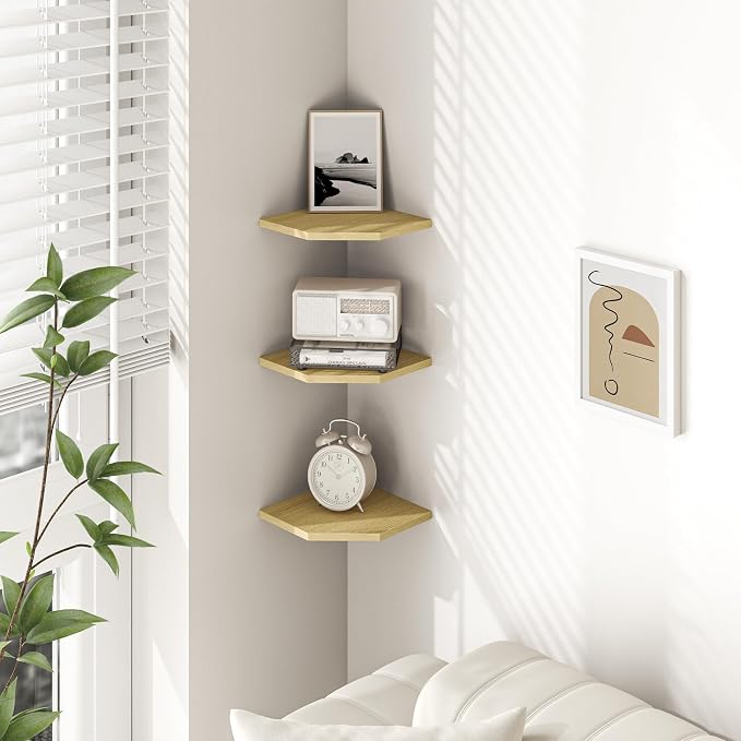Corner Shelf Wall Mount, Floating Corner Shelves, Set of 3 Corner Wall Shelf Organizer, Rustic Wood Wall Storage Display Shelves for Living Room Bedroom Bathroom Kitchen, Rustic Brown, Oak