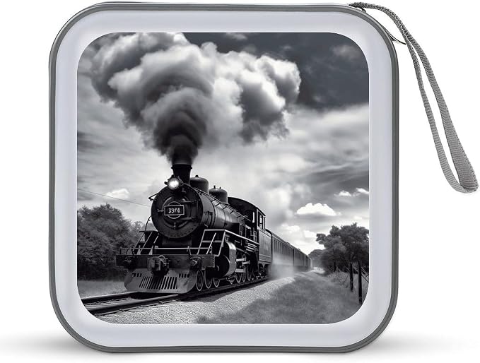 Steam Train Clouds CD Case with Zipper 40 Capacity DVD Case Holder Hard Plastic DVD Disc Storage Box Portable Disc Storage Organizer CD Wallet Bag Media Disc Wallet for Car Home