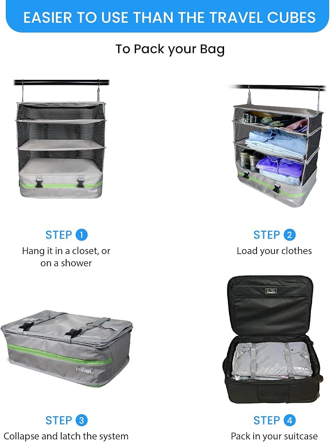 Stow-N-Go Hanging Travel Shelves, Packing Organizer for Luggage. Carry on Closet for Suitcase. Expandable Packing Cube. Travel Essentials. (Light Gray - XL, XL = (L) 17.7" x (W) 11.8")