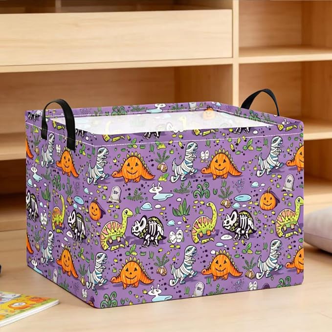 NTAO Gift Storage Basket Empty for Halloween, Storage Bin with Handles, Room Decor, Book Box(Halloween Dinosaurs)