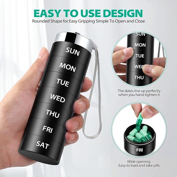 Metal Travel Pill Organizer, Large Weekly Pill Box, 7 Day Pill Container | OUVBTX Aluminum Alloy Pill Case, Portable, Waterproof, Stackable, Daily Medicine Holder for Vitamin, Fish Oil, Supplement