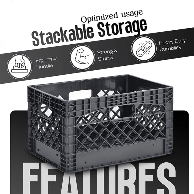 24QT Heavy Duty Plastic Milk Crate, Stackable Storage Bins for Freezer Storage and Travel Groceries — Heavy Duty Organizing Crate for Garage, Camping Supplies, Gardening Tools and Books (Black)