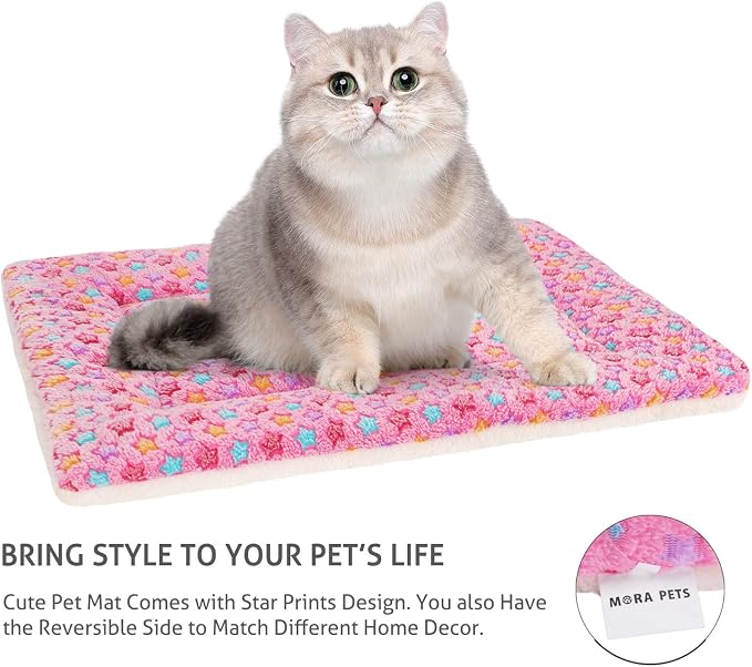 Mora Pets Cat Bed Ultra Soft Dog Crate Pad Star Print 14 x 17.5 inch Pink | Washable Crate Mat for Small Dogs and Indoor Cats, Reversible Fleece Dog Kennel Pad, Flat Pet Bed, Cat Carrier Mat