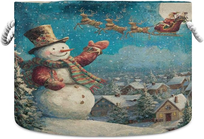 DOMIKING Large Storage Basket for Toys Santa Christmas Snowman Blue Print Storage Bin Box Kids Laundry Hamper for Playroom Nursery Clothes Home Decor