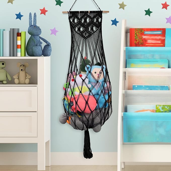 63Inch Stuffed Animal Storage Hammock Corner,Boho Plushie Net,Black | Wall Ceiling Over Door Hanging Hammock for Stuffed Animals,Macrame Stuffy Storage Holder w/Star Lights,Nursery Playroom Decor