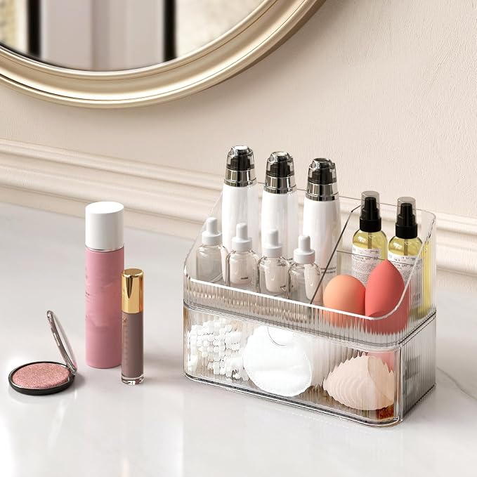 Medicine Cabinet Organizer 2 Tier, Stackable Bathroom Makeup Organizers | Small Bathroom Mirror Cabinet Storage with 1 Drawer and 1 Tray for Wall Cabinet，Closet，Vanity, Countertop, Clear