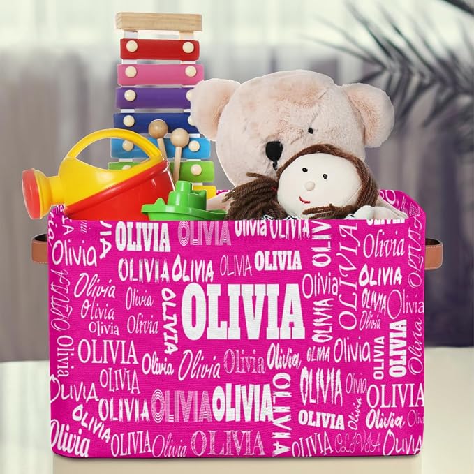 Custom Foldable Storage Basket with Name, Laundry Hamper Deep Pink | Organizing Boys Girls Pets Toys Closet Shelf Clothes Books