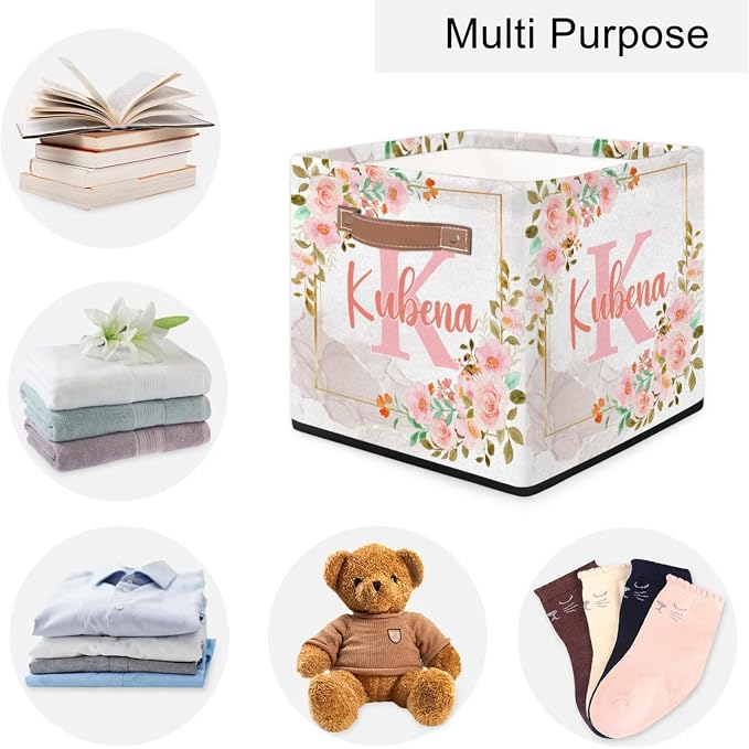 Personalized Name-Initial Pink Flower Storage Baskets for Girls Kids, Custom Portable Square Storage Bins with Handles Foldable Organizer for Clothes, Toys, Blanket, Towel,Pet 13”