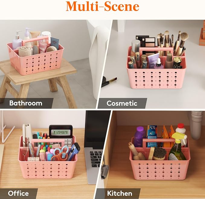 Lifewit Portable Shower Caddy, Plastic Basket Organizer, Pink, 1 Pack | Adjustable Dividers, Drain Design, College Dorm Room Essentials with Handle, for Bathroom