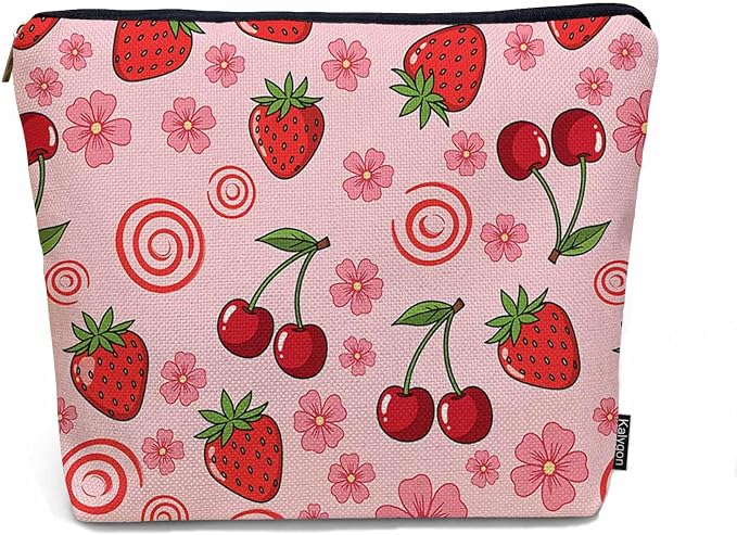Strawberry Makeup Bags Makeup Organizer, Summer Strawberries Cherries Pink Flax Toiletry Bags Travel Cosmetic Bag Makeup Purse Pouch Skincare Bag Wallet Bags For Women Female Mom Daughter