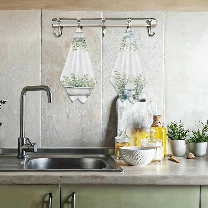 2 Pcs Watercolor Eucalyptus Kitchen Towels, Funny Bathtub & Toilet Bowl Decorative Absorbent Microfiber Dish Cloth Tea Towel, Waffle Soft Hand Towels for Farmhouse Home Bathroom Decor, home gift