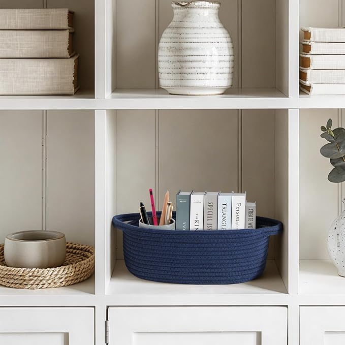 Small Blue Woven Basket, 13"x 9"x 5" Gift Basket Empty, Cotton Rope Kids Dog Cat Toy Bin Box, Cute Baby Nursery Easter Organizer, Decorative Wicker Storage with Handle, Navy Blue Room Decor