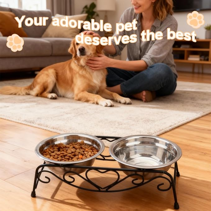 Small Dog Bowls with Metal Stand for Small Breeds Cats and Puppies 3.4 Inch Fixed Height Elevated Feeder with 2 Removable Stainless Steel Bowls