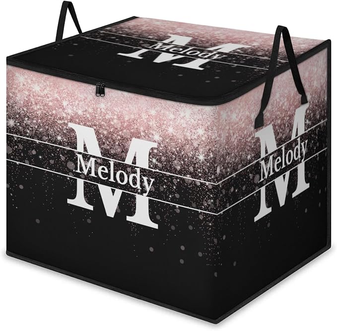 Custom Comforters Storage Basket with Lid, Personalized Name Initial Letter Large Organizer Bin for Pet/Children Toys, Books, Clothes, Perfect for Rooms/Playroom, Pale Pink Bling with Black