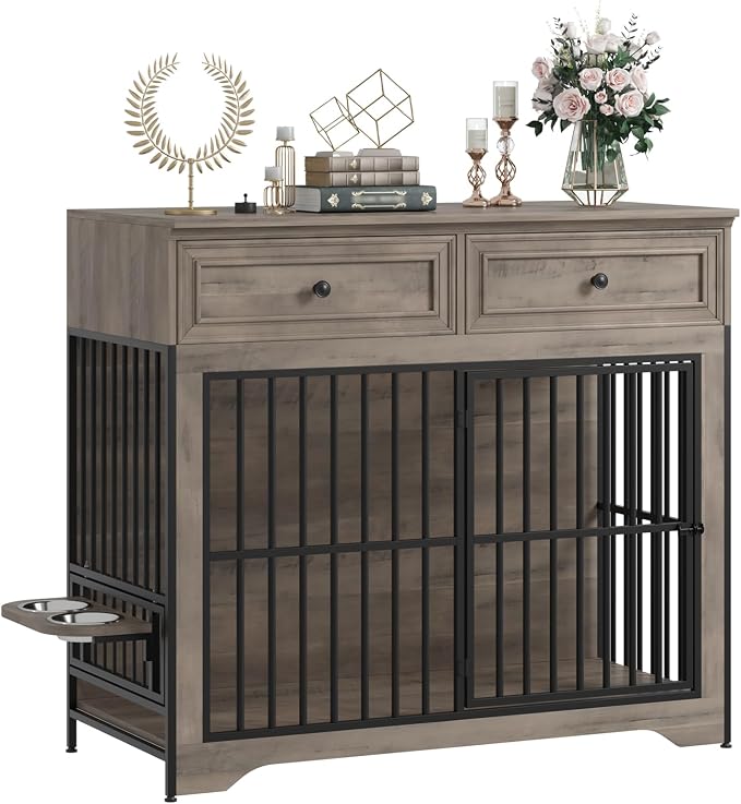 QUW 42" Modern Dog Crate Furniture, Wooden Dog Kennel, Grey | Medium to Large, 360° Rotating & 3-Levels Adjustable Height Dogs Bowl Holder, Decorative Dogs Cage Pet House Indoor