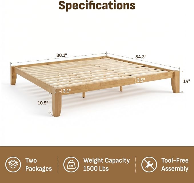 Softa Mikor King Japanese Joinery Bed Frame, Solid Rubberwood, 1500 Lbs Heavy Duty Slats Support, SGS Certified, 15Min No-Tool Setup, Under-Bed Storage, No Box Spring Needed, Noise-Free