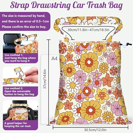 Small Flowers Strap Drawstring Car Trash Bag Hanging Garbage Bag with Snap Buttons Car Back Seat Trash Storage Portable Dustbin Vehicle Trash Can Bag for Vehicle Travel Camping