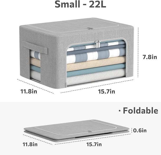 CYhom 3Pack Foldable Storage Bins - Frame Storage Box Linen Fabric Stackable Clothes Container Organizer with Clear Window & Carry Handles Large Capacity (Small-22L, Light Grey)