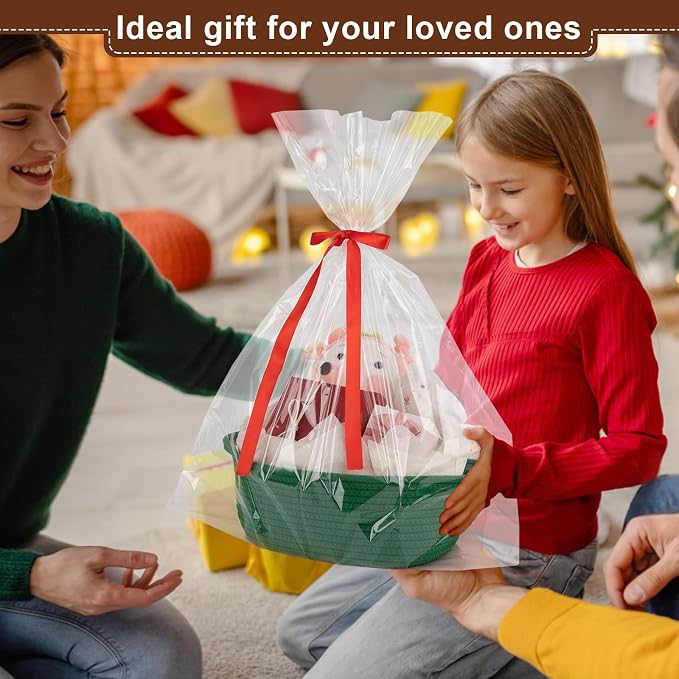 OIAHOMY Gift Basket with Handle, Small Woven Basket with Gift Bag, Ribbon and Wrap Tissue Paper, Nursery Bins Empty to Fill with Small Items, Baby, Pet Toy Organizer - Deep Green
