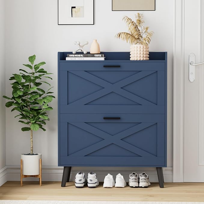 Homleke Farmhouse Shoe Storage Cabinet with Flip Drawers & Barn Door Design | Slim Narrow Shoe Rack Cabinet with Adjustable Shelves & Hidden Storage for Entryway, Foyer, Hallway, Living Room, Blue