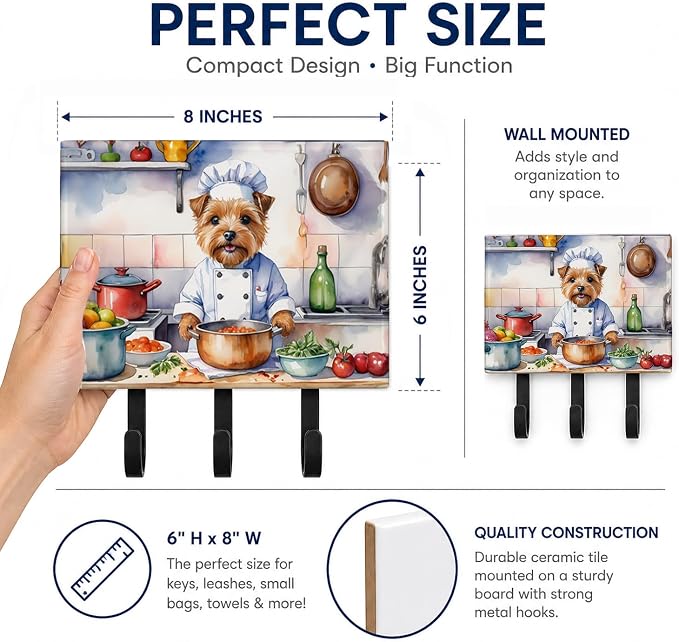 Caroline's Treasures Norfolk Terrier The Chef Leash or Key Holder Wall Hooks, Key Hooks Holder, Coat Rack Wall Mount, Coat Hooks, Hooks for Hanging Keys, Towels, Aprons, Leashes | Norfolk Terrier The Chef artwork on ceramic tile with three steel hooks ...