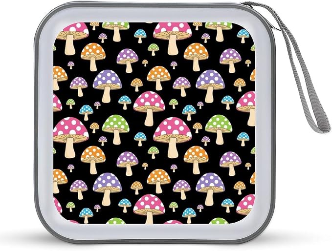 Hard Plastic 40-Disc Storage Binder Colorful Neon Mushroom, Protective CD/DVD Wallet with Zipper, Portable Organizer for Movies Music