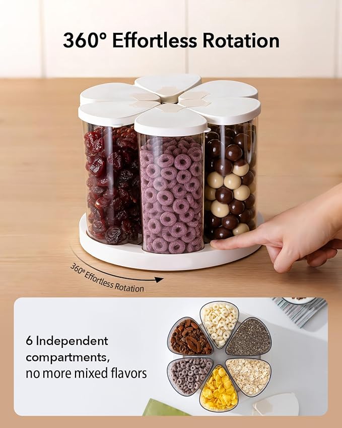Ankou Rotating Food Storage Containers Set of 6, 23oz (690ml) Clear PET Jars with Dual Pour Lids, 360° Lazy Susan Pantry Organizer for Snacks, Cereal, Nuts, Oats & Dry Foods, Kitchen Grain Dispenser