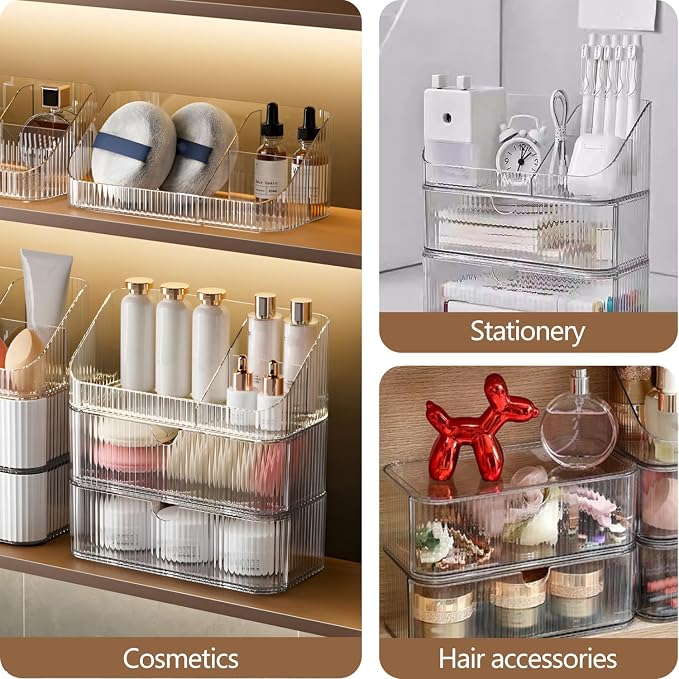 Medicine Cabinet Organizer 2 Tier, Stackable Bathroom Makeup Organizers | Small Bathroom Mirror Cabinet Storage with 1 Drawer and 1 Tray for Wall Cabinet，Closet，Vanity, Countertop, Clear