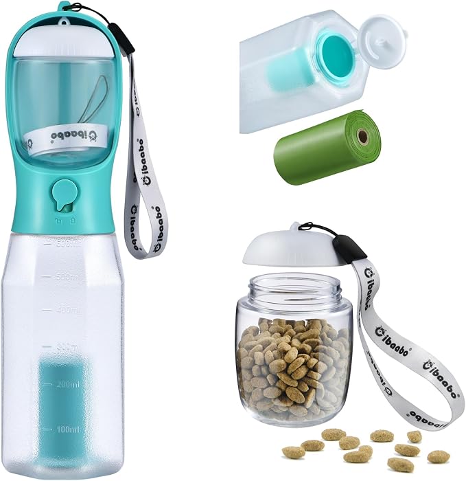 Cibaabo Dog Water Bottle with Food Container & Poop Bag Holder & Filter | Feeding & Hydration & Waste All in One | Travel Puppy Water Bowl | Portable Pet Dispenser | Dog Gifts | for Walking Beach