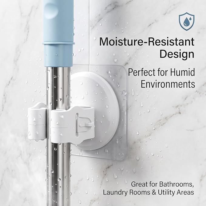 Broom Holder Wall Mount Adhesive 3 Pack Mop Holder Wall Mount, Broom Gripper, Broom and Mop Organizer Wall Hanging, No Drill Broom Hanger for Bathroom, Kitchen, Laundry Room, Garage Holds up to 4 lb