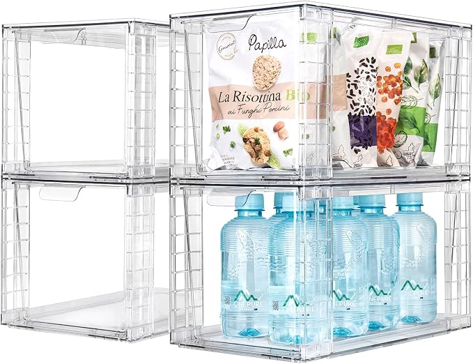 Large Stackable Kitchen Storage Drawers Up Plate, Clear Foods Organizer Bins with Handles, Easily Assemble for Bathroom, Kitchen, Pantry, Cabinet, Closet