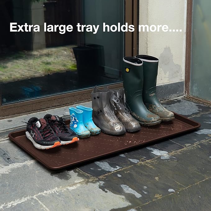 All Weather Boot Tray Extra Large 40"x20" - Brown Plastic Shoe Mat | Multi-purpose mudroom entryway tray with 1.25" raised edges - fits shoes, pet bowls & plants - 100% recycled polypropylene