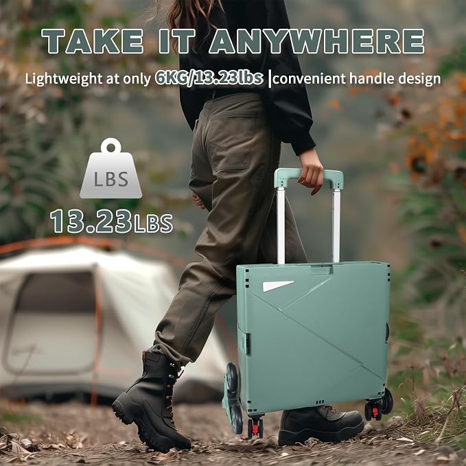 76L Folding Utility Cart Portable Rolling Crate Handcart Shopping Collapsible Tool Box with Stair Climbing Wheels,Hidden Lid,2 Rotate Wheels,for Grocery,Shopping,Office,Storage(Dark Green)