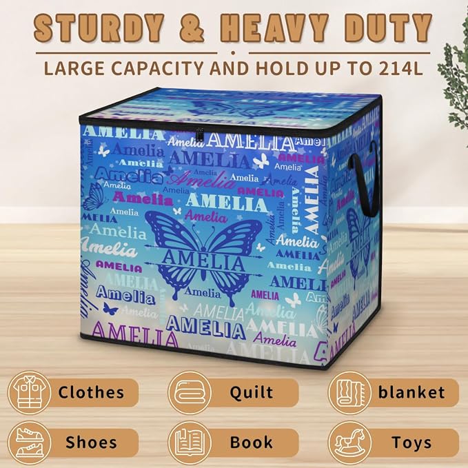 Custom Extra Large Storage Baskets with Lid, Personalized Storage Bins Basket Boxes Handles for Clothes Blanket Bedroom Closet Organizing Toys Shelves, Gradient Light Blue with Butterflies