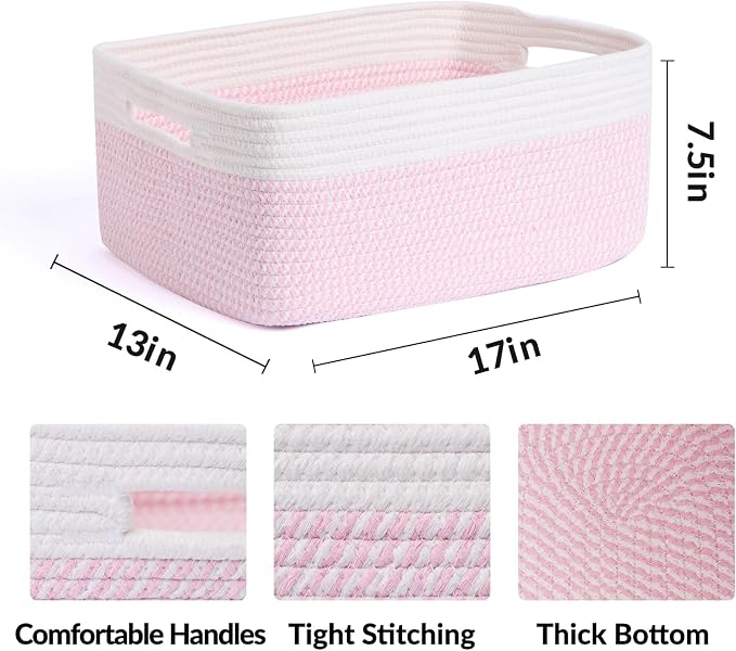 MiniArk Large Storage Baskets for Organizing, 17 x 13 x 7.5” Closet Shelf Baskets for Clothes Blanket Towels, Baby Nursery, Toy Bins Box, Woven Rope Baskets, 4 Packs Woven Pink
