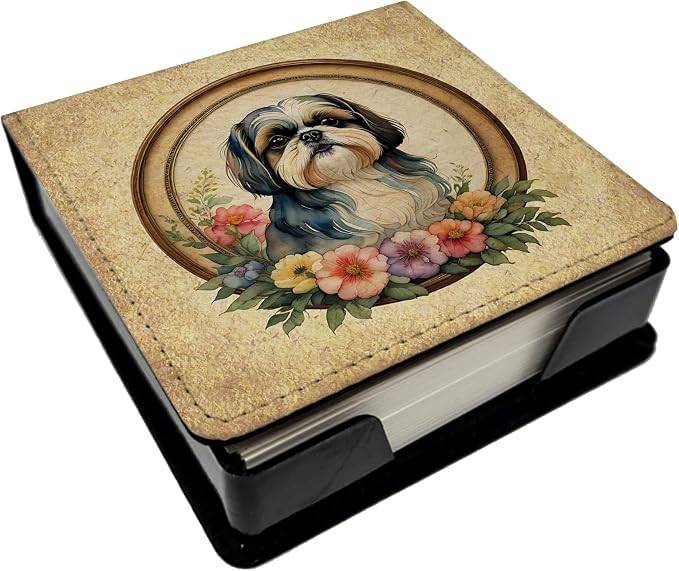 Caroline's Treasures Shih Tzu and Flowers PU Leather Note Paper Holder with Artist-Designed Cover, Desk Accessory, Office Gift