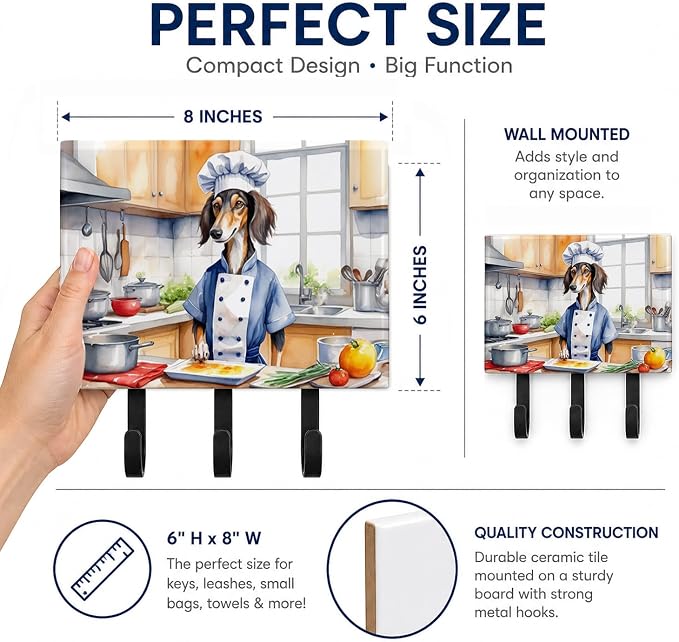 Caroline's Treasures Saluki The Chef Leash or Key Holder Wall Hooks, Key Hooks Holder, Coat Rack Wall Mount, Coat Hooks, Hooks for Hanging Keys, Towels, Aprons, Leashes | Saluki The Chef artwork on ceramic tile with three steel hooks for keys, leashes,...