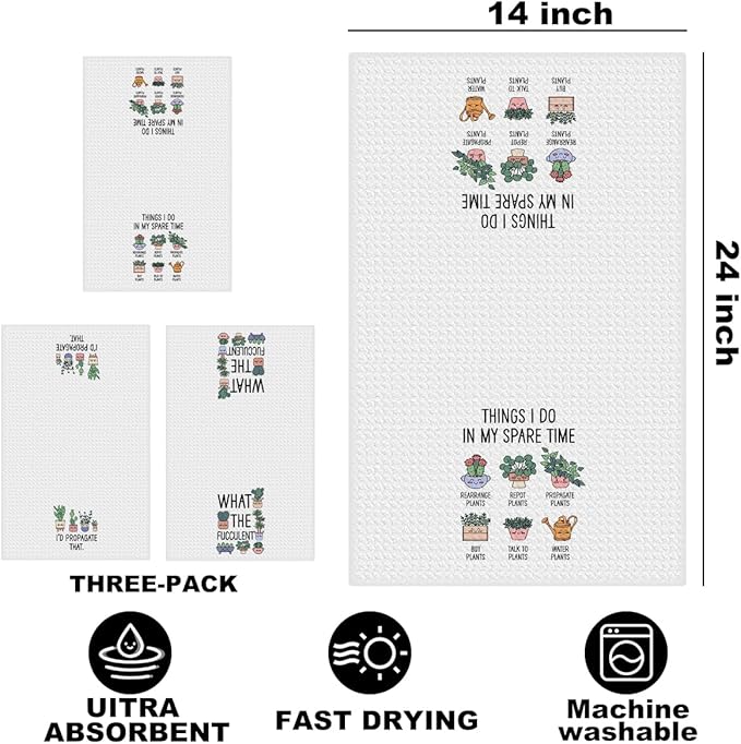 Hanamiya Na 3 Pcs Funny Kitchen Towels, Plant Lover Gifts for Women Mom, Succulent Cactus Plant Gifts Dish Towel, Leaves Waffle Weave Hand Tea Towels for Kitchen Home Farmhouse Decor-24x14 Inch