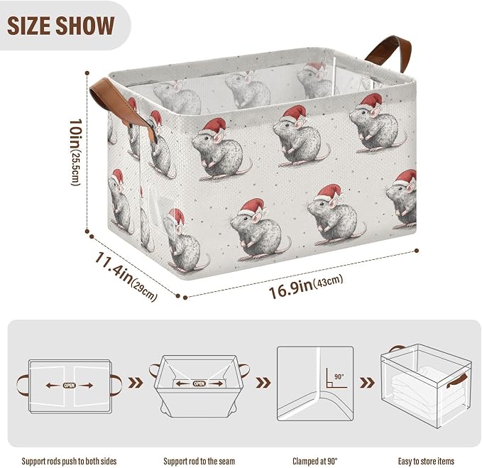 Christmas Cute Rat Pet Xmas Storage Basket Foldable Cube Storage Bins with Handles&Label Waterproof Collapsible Organizer Box Bin Large Rectangle Decorative Baskets for Shelves Home Room Laundry