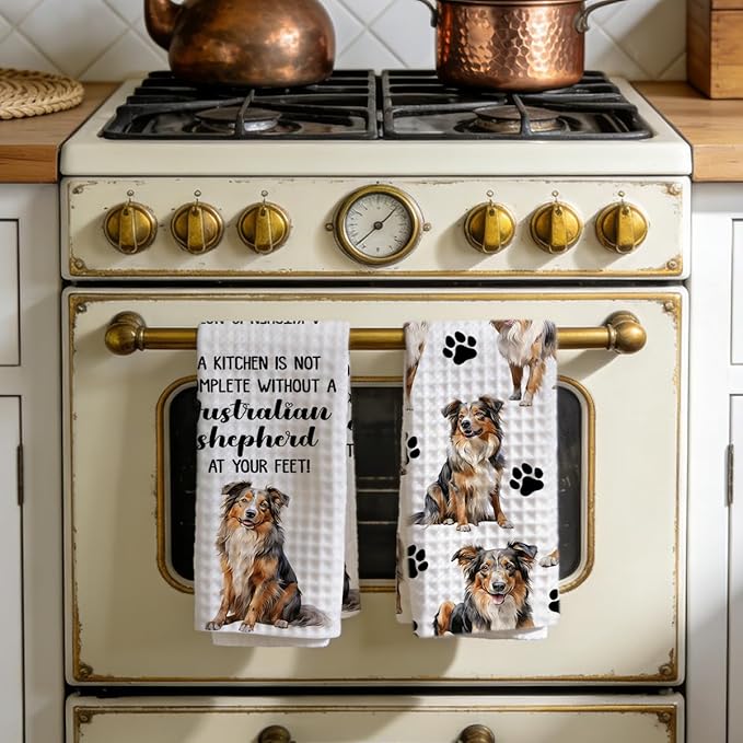 Australian Shepherd Waffle Weave Kitchen Towels, Quick Dry Multipurpose Hand Towels for Bathroom, Absorbent Reusable Cloth Tea Dish Towels for Home Decor, Dog Lover Gift Towel Set of 2