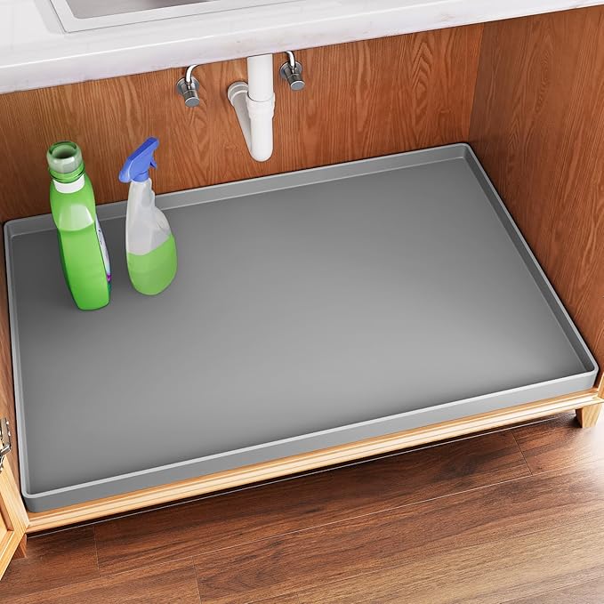 FLATO Waterproof Under Sink Mat, 22" x 22", Light Gray | Shelf Liner for Kitchen and Bathroom, Cabinet Protector, Organizers and Storage, Flexible Silicone Drip Tray