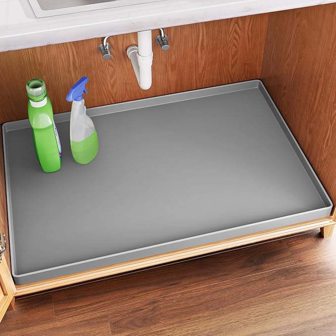 FLATO Waterproof Under Sink Mat, 19" x 19", Light Gray | Shelf Liner for Kitchen and Bathroom, Cabinet Protector, Organizers and Storage, Flexible Silicone Drip Tray