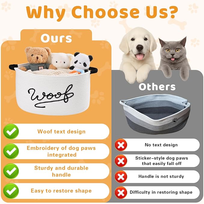 Woof Dog Toy Basket, Large Dog Toy Storage Bin with Durable Handles, Woven Dog Basket for Blankets, Toys, Chews, Pet Toy Storage Box for Nursery, Living Room, Bedroom, 17”x12”x9, White