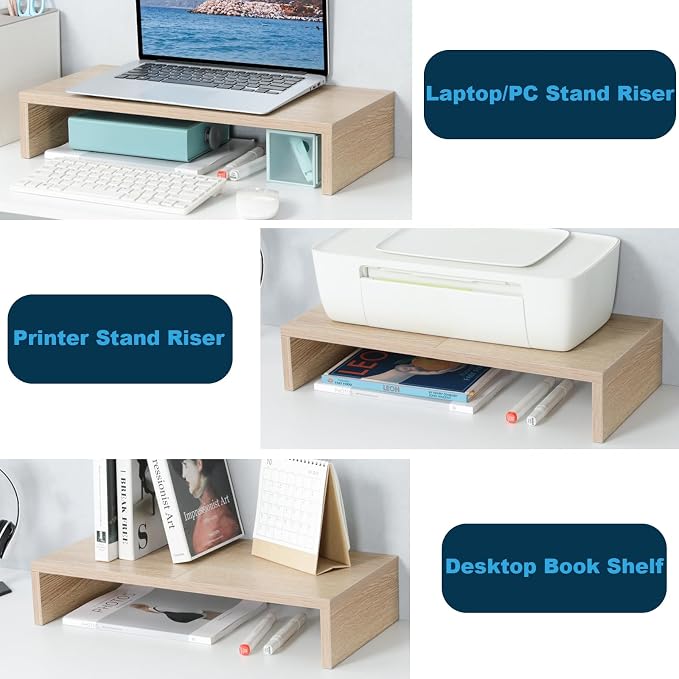 TEAMIX 20 inch Wood Monitor Stand Riser, Wooden Desktop Stand Shelf, Maple | Fits Laptop, Printer, TV, PC, Keyboard Storage, Space-Saving, Ergonomic Design, Desk Organizer for Home Office Gaming Vanity