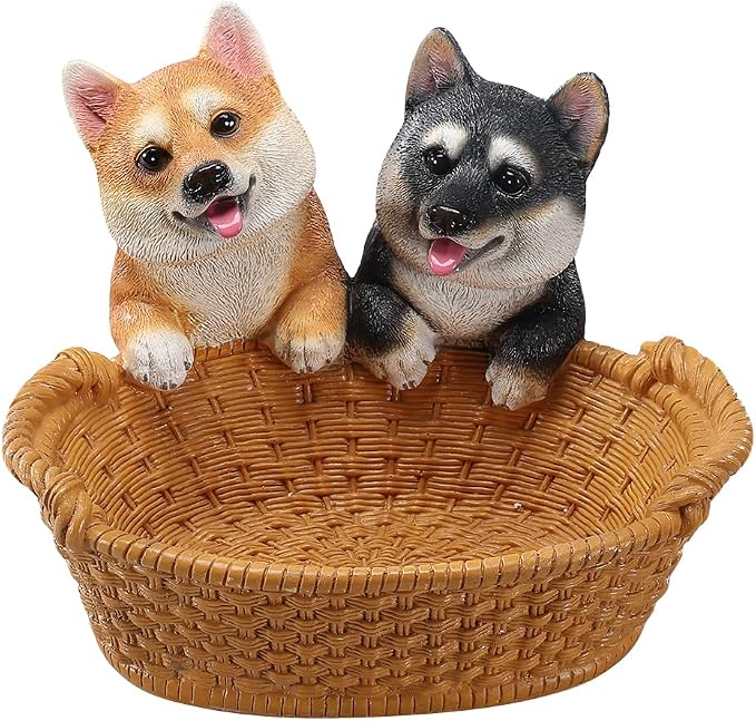Resin Double Shiba Inu Desktop Storage Basket, Decorative Catchall Bowl & Key Tray for Entryway Table, Cute Dog Statue Organizer, Pet Lover Gift