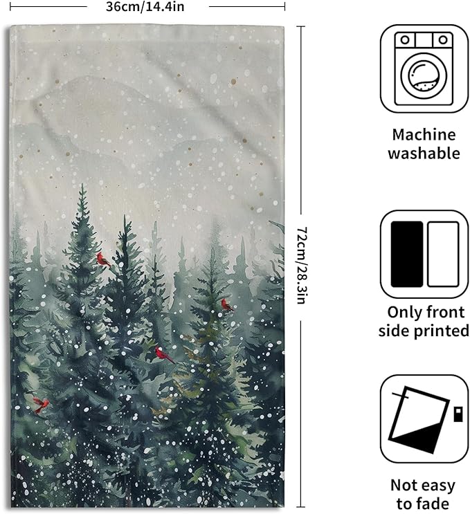 Giwawa Winter Trees Hand Towel Set of 2, Christmas Birch Pine Tree Red Birds Towel, Rustic Watercolor Misty Forest Face Towel Quick Dry Dish Wash Cloth for Hotel Bathroom Gym Home Spa Decor